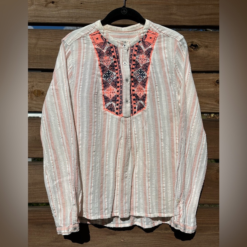 Holding Horses Anthropologie Striped Cotton Boho Blouse with Embroidered Detail